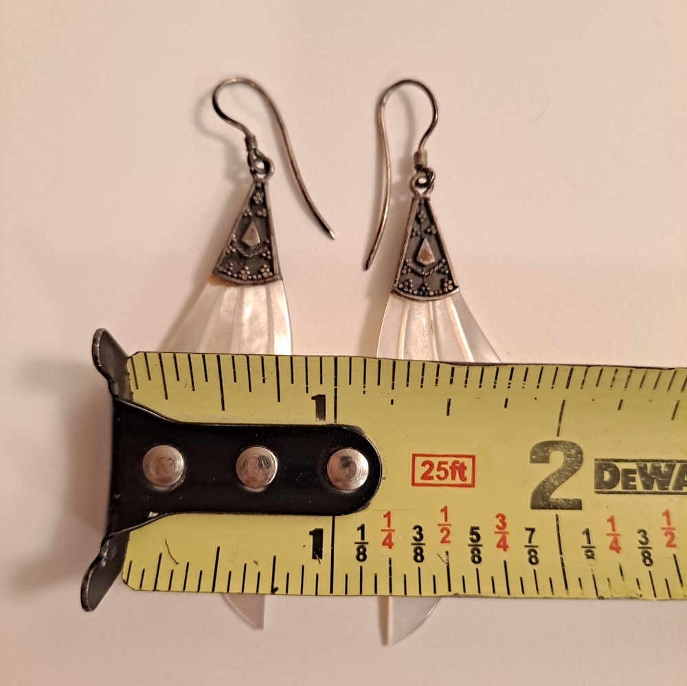 Mother of Pearl angel wing feather dangle earrings vintage jewelry peirced ears - Picture 10 of 11